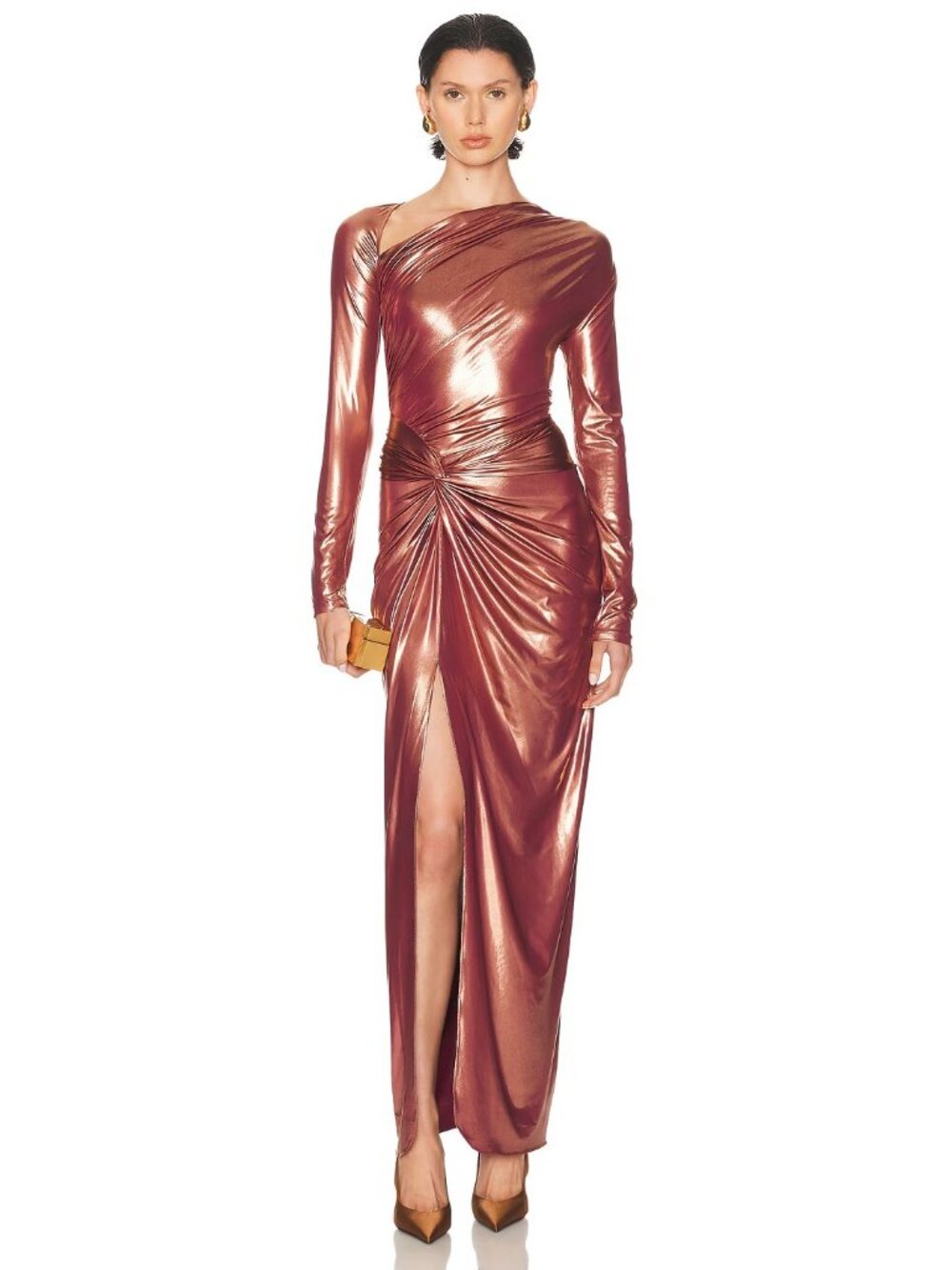 Lapointe Coated Jersey Asymmetric Draped Sarong Dress in Clay